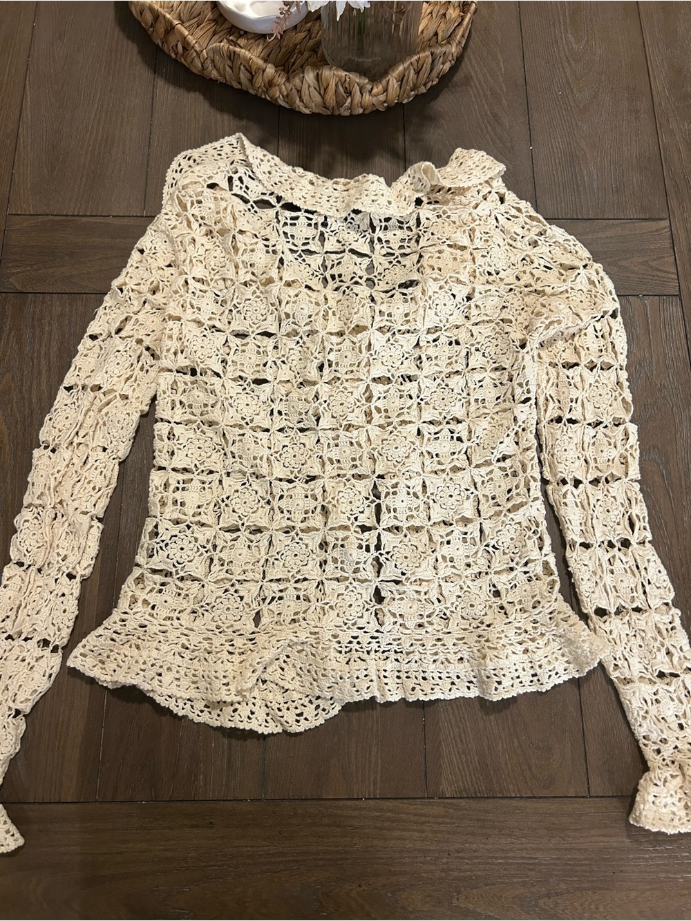 Ralph Lauren Cream Crochet Ruffle-Front Cardigan - Picture 7 of 7